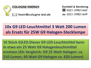 10x G9 LED-Leuchtmittel 3 Watt 200 Lumen als Ersatz für 25W G9 Halogen-Stecklampe