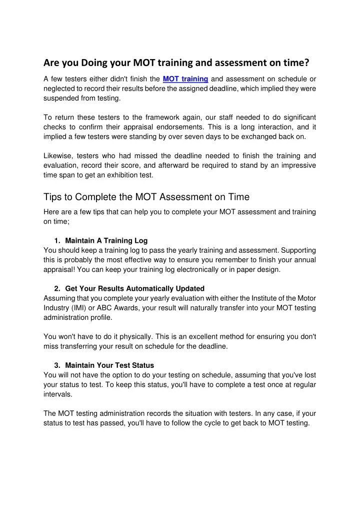 are you doing your mot training and assessment