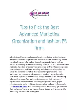 Tips to Pick the Best Advanced Marketing Organization and fashion PR firms KPPR Events & Marketing