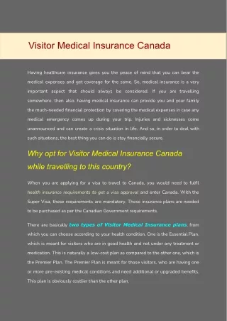 Visitor Medical Insurance Canada