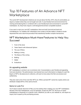 Top 10 Features of An Advance NFT Marketplace