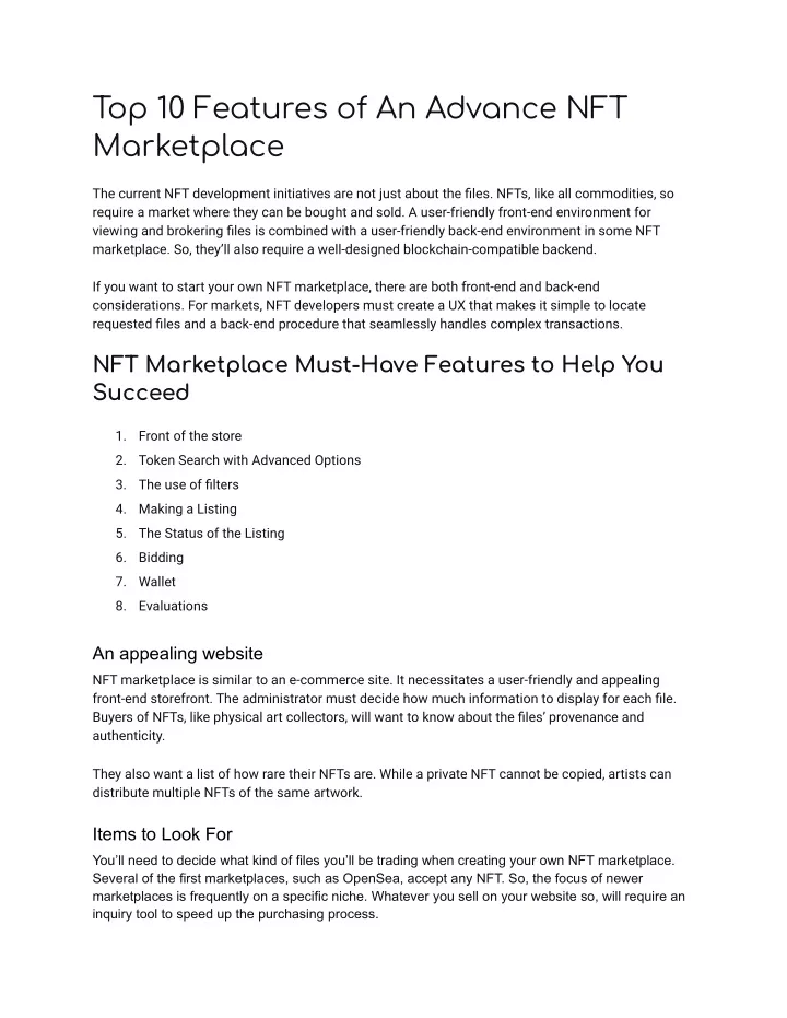 top 10 features of an advance nft marketplace