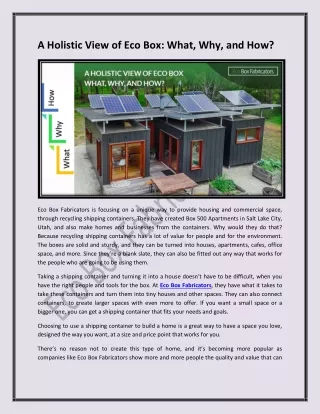 a holistic view of eco box what why and how