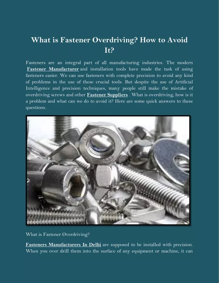 what is fastener overdriving how to avoid it