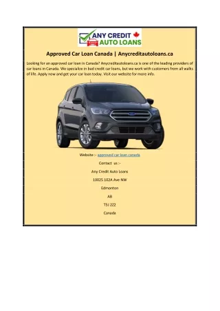 Approved Car Loan Canada | Anycreditautoloans.ca