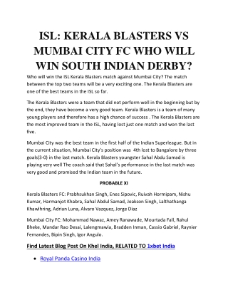 ISL  KERALA BLASTERS VS MUMBAI CITY FC WHO WILL WIN SOUTH INDIAN DERBY