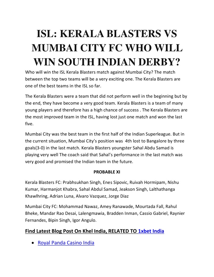 isl kerala blasters vs mumbai city fc who will