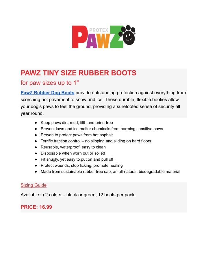 pawz tiny size rubber boots for paw sizes up to 1
