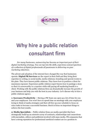 Why hire a public relation consultant firm KPPR Events & Marketing