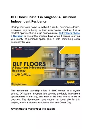 DLF Floors Phase 3 in Gurgaon A Luxurious Independent Residency