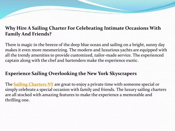 why hire a sailing charter for celebrating