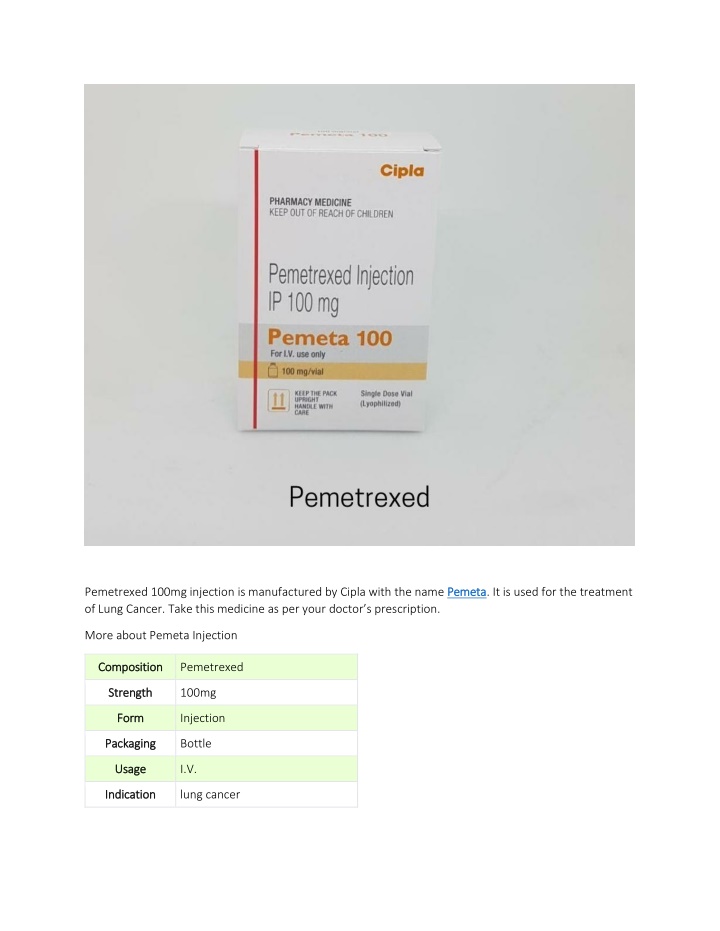 pemetrexed 100mg injection is manufactured