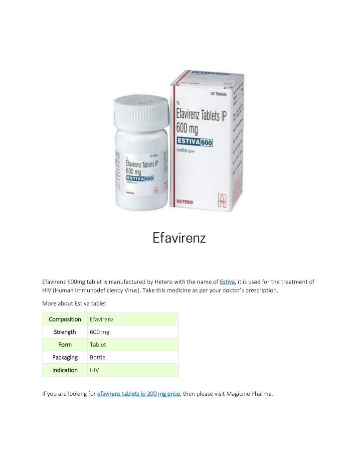 efavirenz 600mg tablet is manufactured by hetero