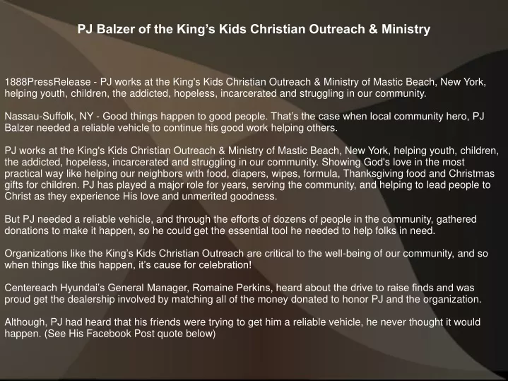 pj balzer of the king s kids christian outreach