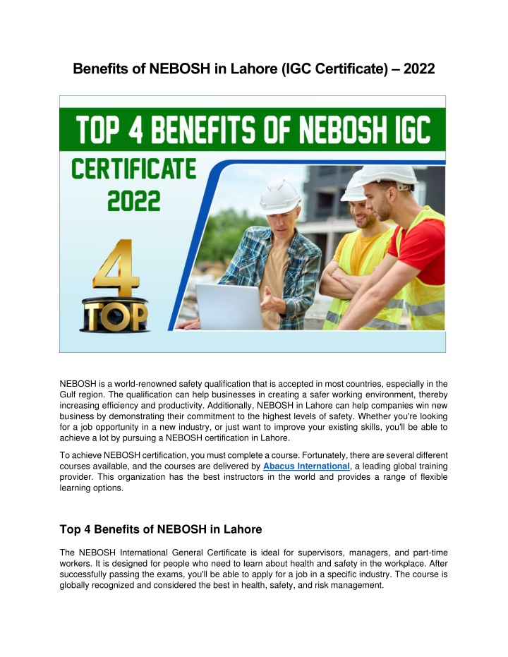 Ppt Benefits Of Nebosh In Lahore Igc Certificate 2022 Powerpoint Presentation Id11119918 