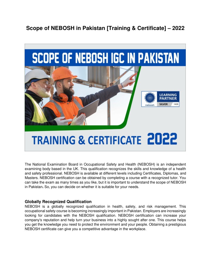 scope of nebosh in pakistan training certificate