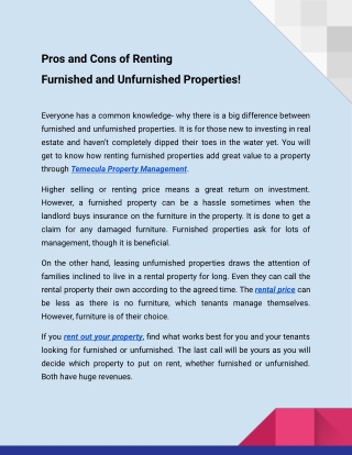 Pros and Cons of Renting Furnished and Unfurnished Properties!