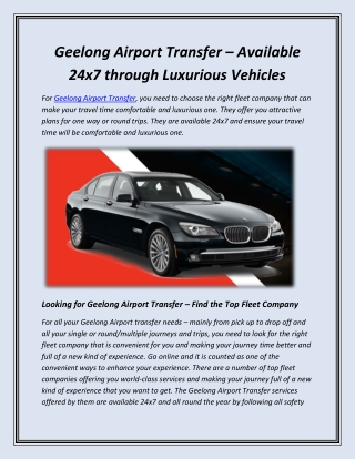 Geelong Airport Transfer – Available 24x7 through Luxurious Vehicles