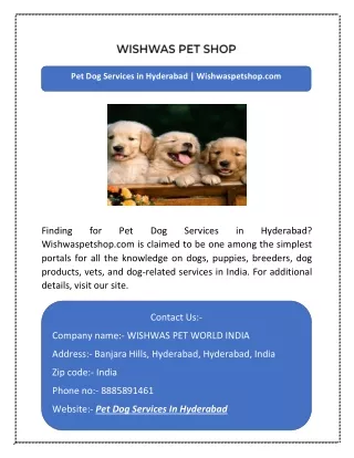 Pet Dog Services in Hyderabad | Wishwaspetshop.com