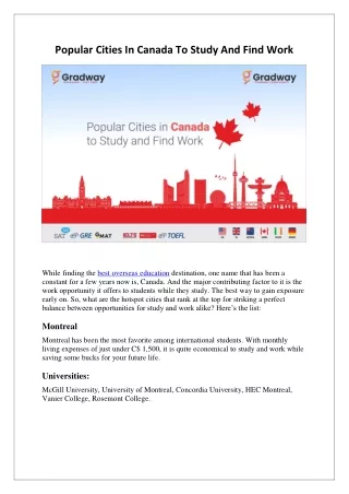 Popular Cities In Canada To Study And Find Work
