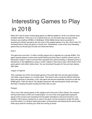 Interesting Games to Play in 2018