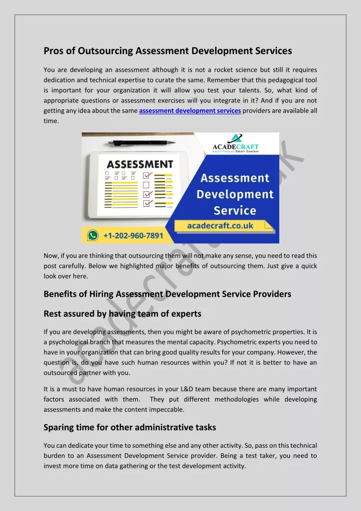 pros of outsourcing assessment development