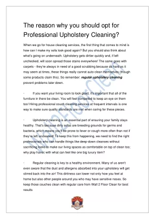 The reason why you should opt for Professional Upholstery Cleaning