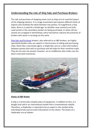 Role of Ship Sale and Purchase