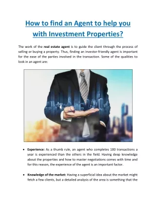 How to find an Agent to help you with Investment Properties?