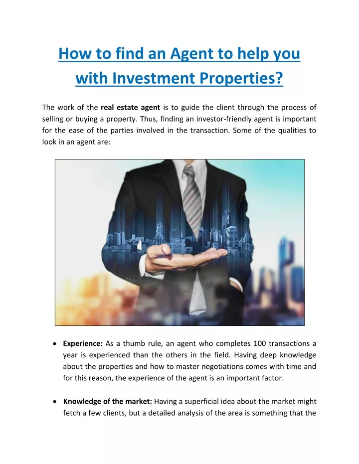 how to find an agent to help you with investment