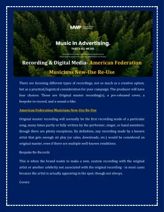 Recording & Digital Media- American Federation Musicians New-Use Re-Use