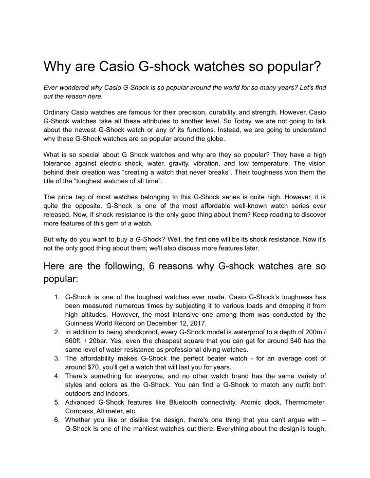 why are casio g shock watches so popular