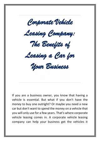Corporate Vehicle Leasing Company The Benefits of Leasing a Car for Your Business