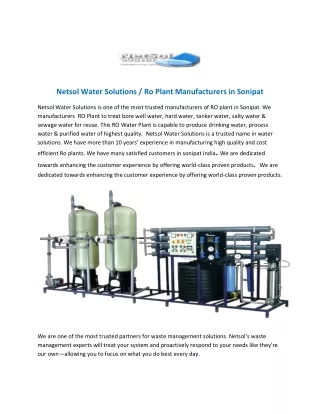 Netsol Water Solutions - Ro Plant Manufacturers in Sonipat