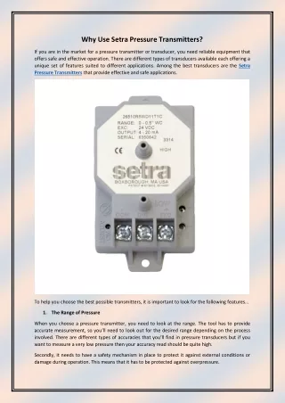 why use setra pressure transmitters