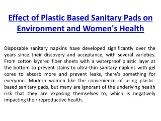 Effect of Plastic Based Sanitary Pads on Environment and Women's Health