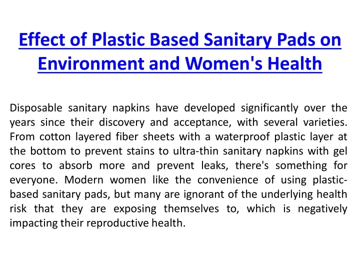 effect of plastic based sanitary pads