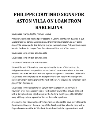 PHILIPPE COUTINHO SIGNS WITH ASTON VILLA ON LENT FROM BARCELONA