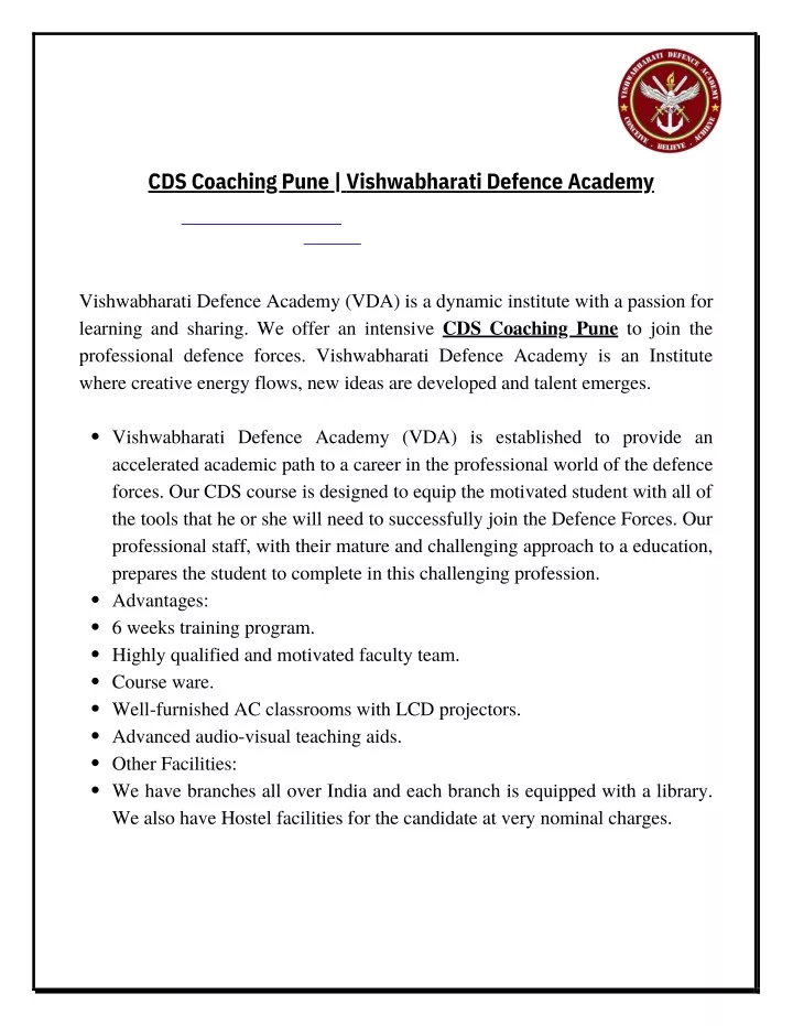 cds coaching pune vishwabharati defence academy