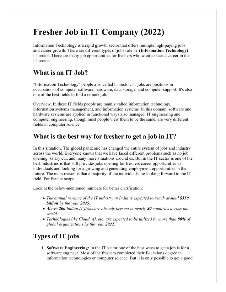 fresher job in it company 2022