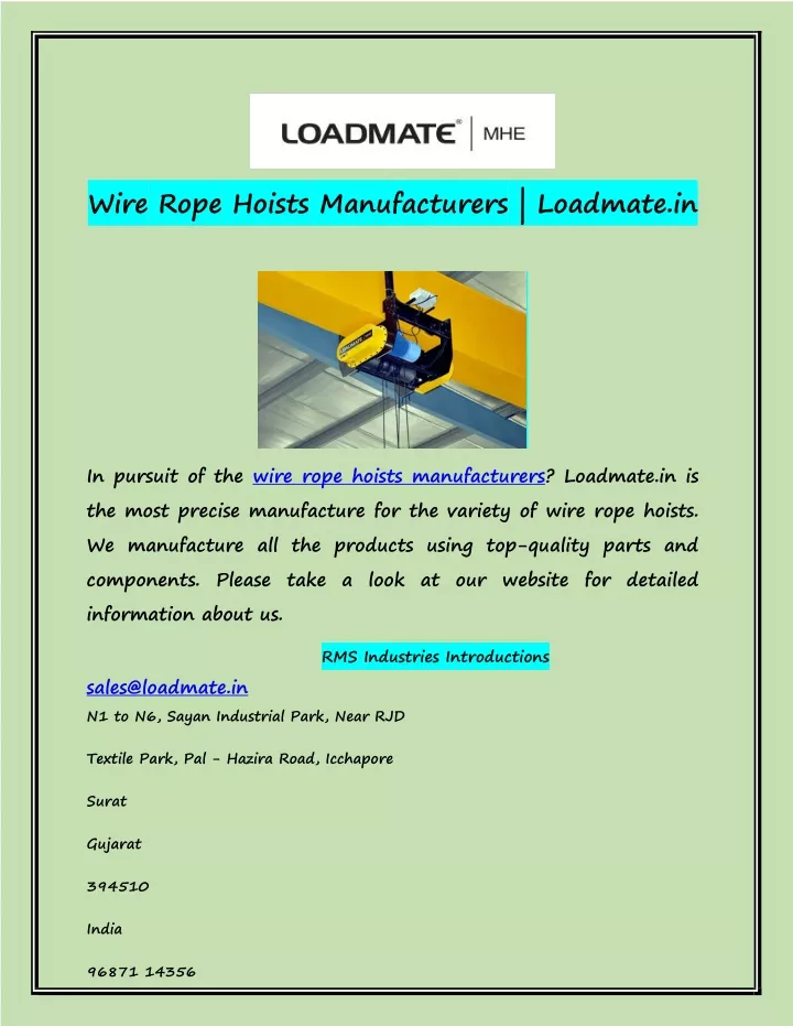 wire rope hoists manufacturers loadmate in