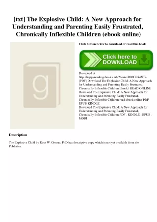 [txt] The Explosive Child A New Approach for Understanding and Parenting Easily Frustrated  Chronically Inflexible Child