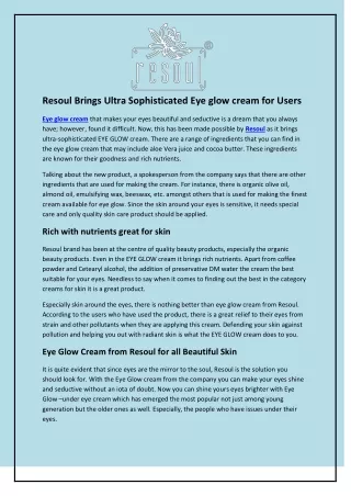 Resoul Brings Ultra Sophisticated Eye glow cream for Users