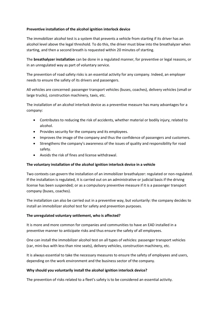 preventive installation of the alcohol ignition