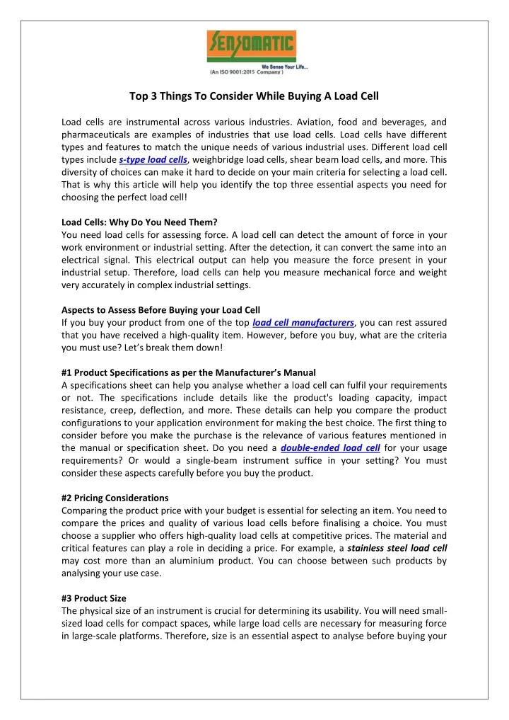 top 3 things to consider while buying a load cell