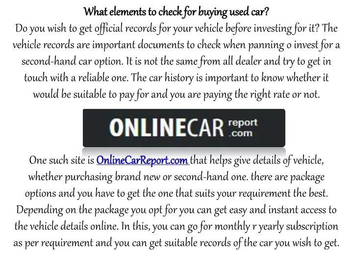 what elements to check for buying used car what