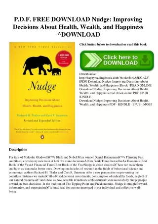 P.D.F. FREE DOWNLOAD Nudge Improving Decisions About Health  Wealth  and Happiness ^DOWNLOAD [PDF]