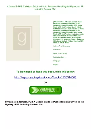 in format E-PUB A Modern Guide to Public Relations Unveiling the Mystery of PR Including Content Mar