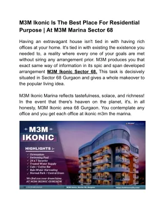 M3M Ikonic Is The Best Place For Residential Purpose At M3M Marina Sector 68