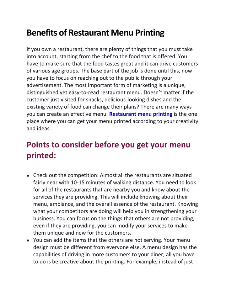 benefits of restaurant menu printing